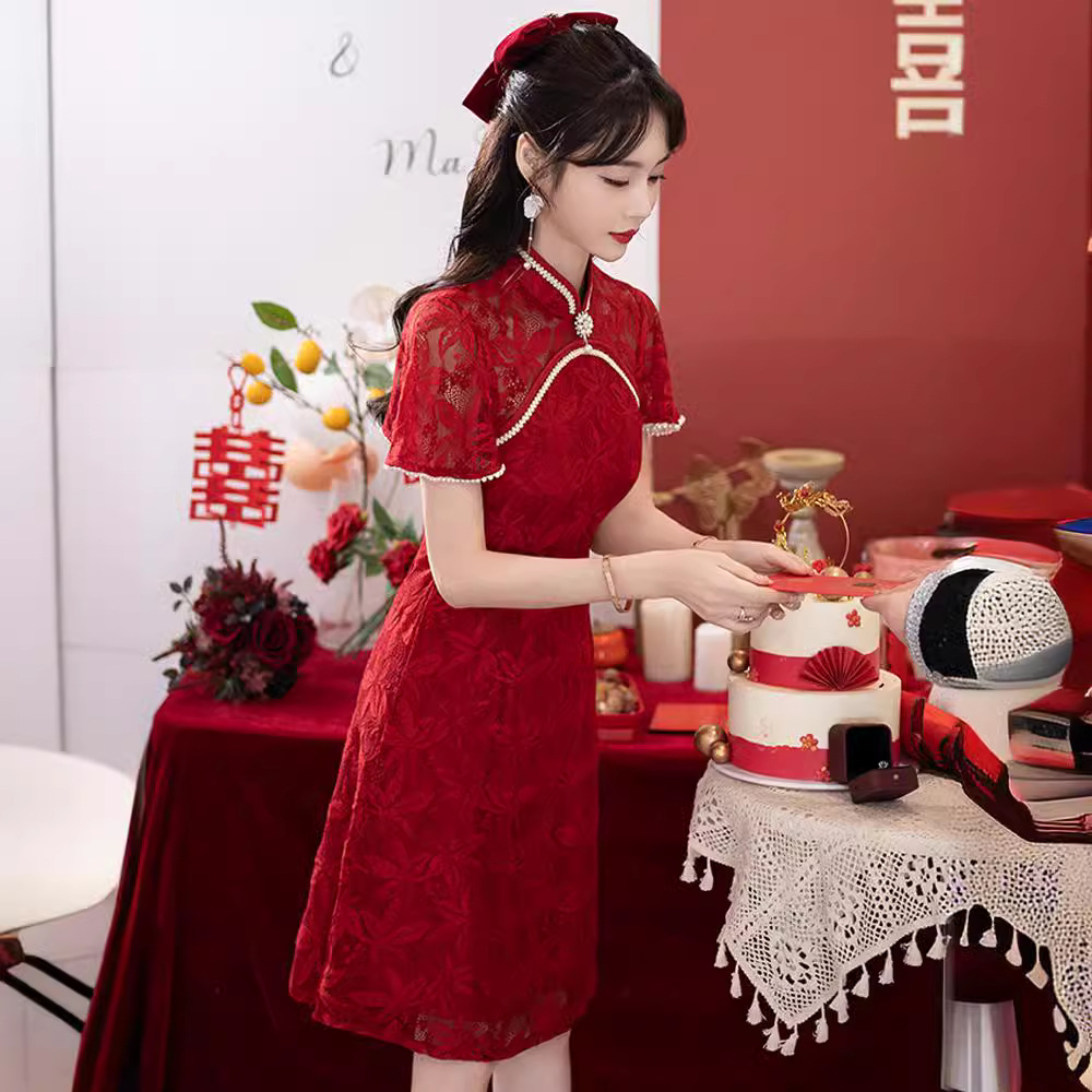 旗袍敬酒服小个子新娘订婚连衣裙红色礼服裙改良日常回门平时可穿