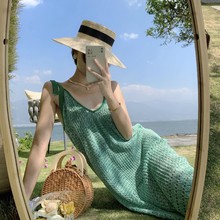 实拍绿色针织吊带连衣裙2021巴厘岛海边度假风修身显瘦长款包臀女