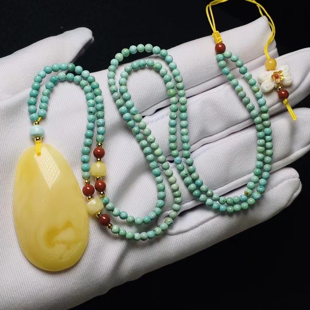 天然蜜蜡水滴吊坠蜡质浓郁白花蜜长款项链可塘珠宝产地货源批发