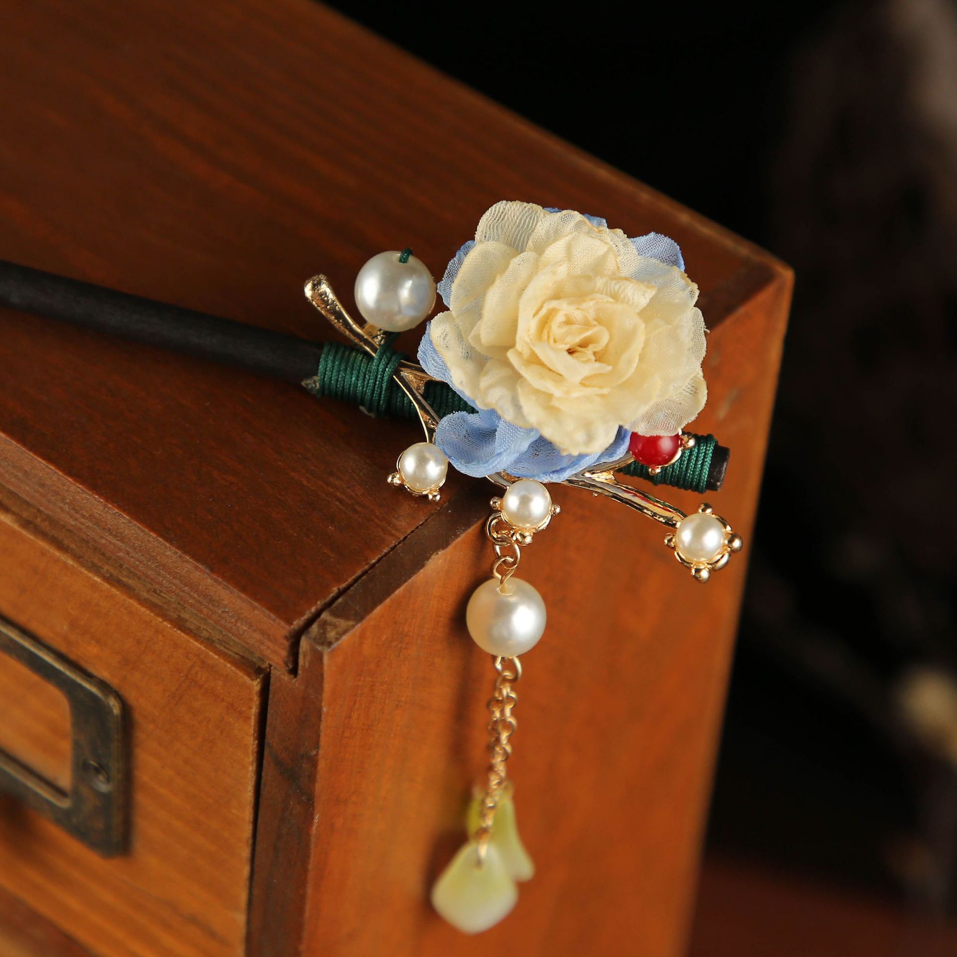 古风仿黑檀木发簪女式流苏绢花发钗复古旗袍配饰古装盘发步摇发饰