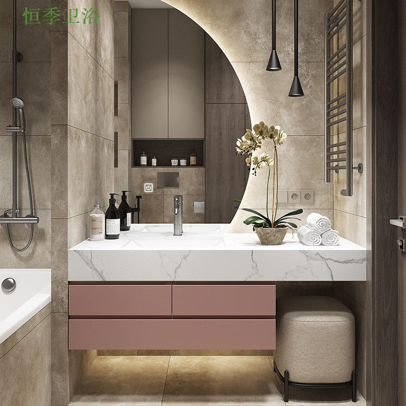 现代简约岩板一体浴室柜智能镜子组合洗手洗脸盆小户型卫浴洗漱台最新