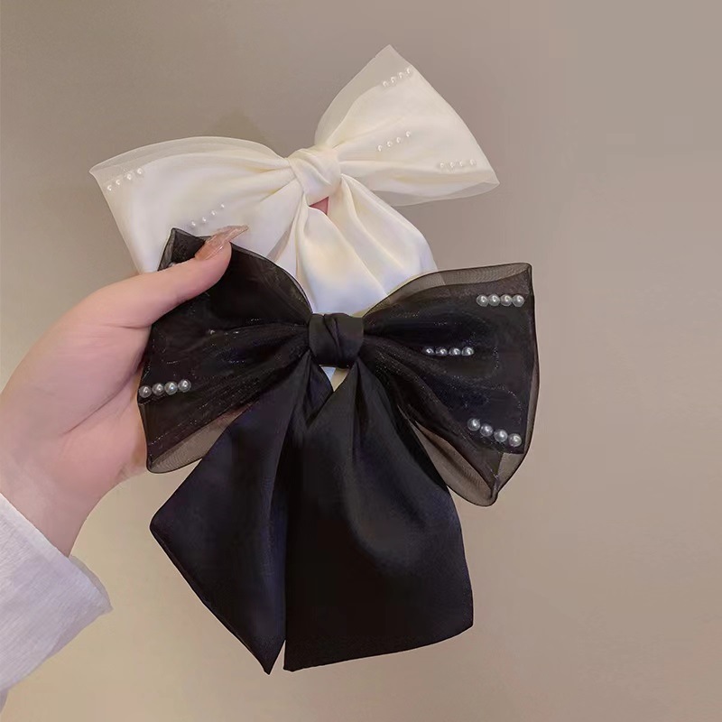 缎面蝴蝶结气质珍珠发夹女后脑勺网红弹簧夹韩版新款顶夹发饰批发
