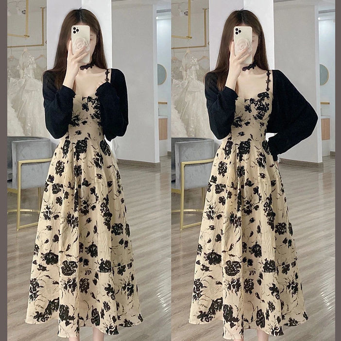 French Retro Hepburn Style Strap Dress Summer Sun Protection Cardigan Floral Dress Two-Piece Suit for Women
