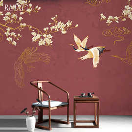 现代新中式壁纸玉兰花鸟电视背景墙客厅复古典风壁画墙布墙纸