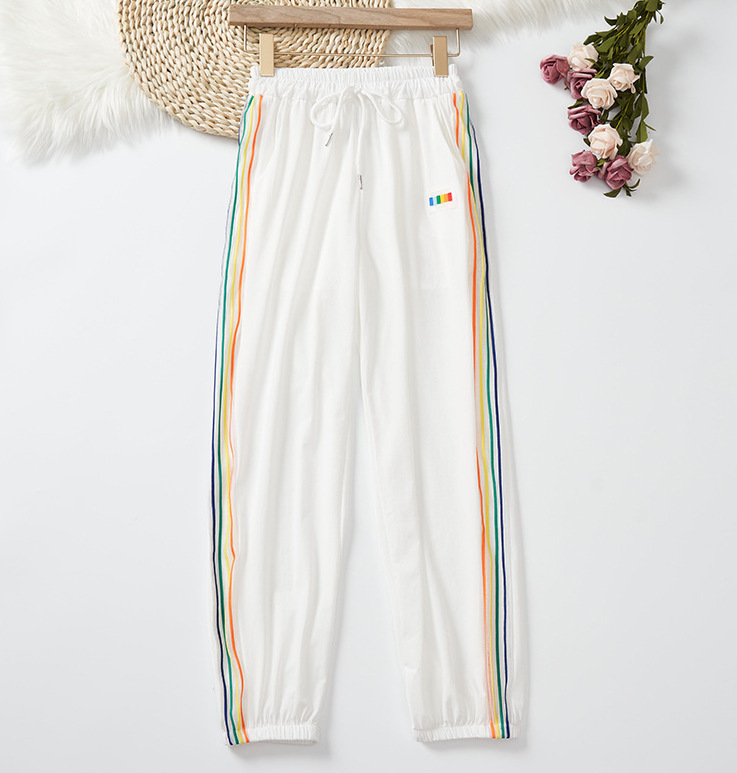 Ice Silk Leggings Spring and Summer Thin Small Rainbow Striped 2023 New Ankle-Tied Quick-Drying Sports Leisure Cropped Harem Pants