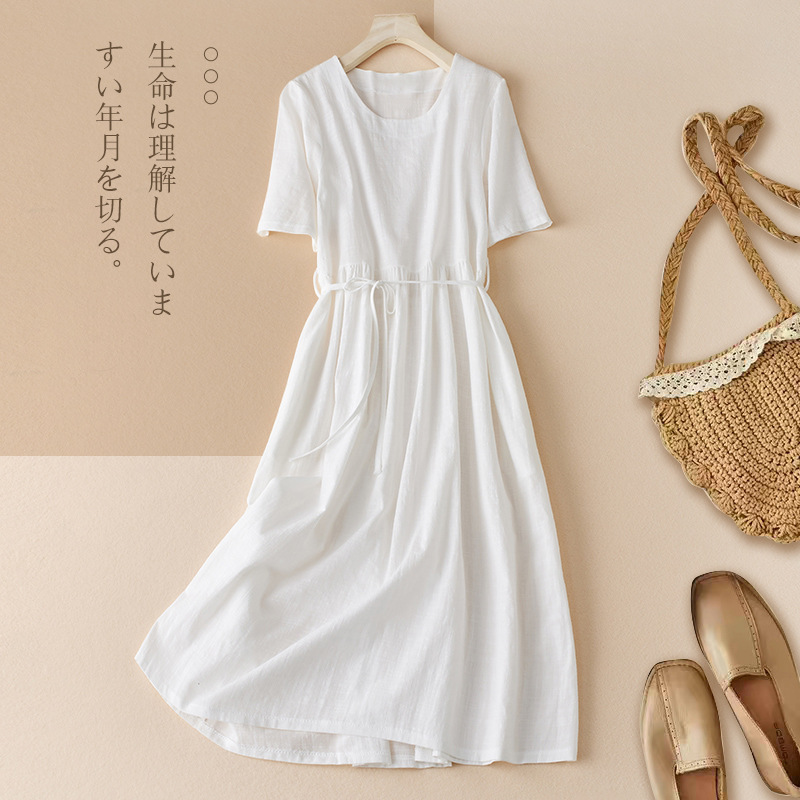 Real Shot Cotton and Linen Dress 2023 Summer New Artistic Solid Color round Neck Linen Short Sleeve Mid-Length Dress