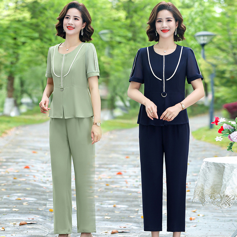 中年妈妈夏装两件套短袖t恤夏中老年人休闲运动服套装女上衣夏季