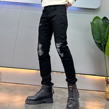 厂家直销牛仔裤男修身春秋季新款韩版时尚黑色贴布休闲长裤