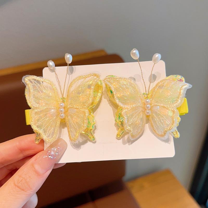 新款超仙古风网纱蝴蝶发夹双层亮片少女侧边发夹女孩刘海夹批发 图片