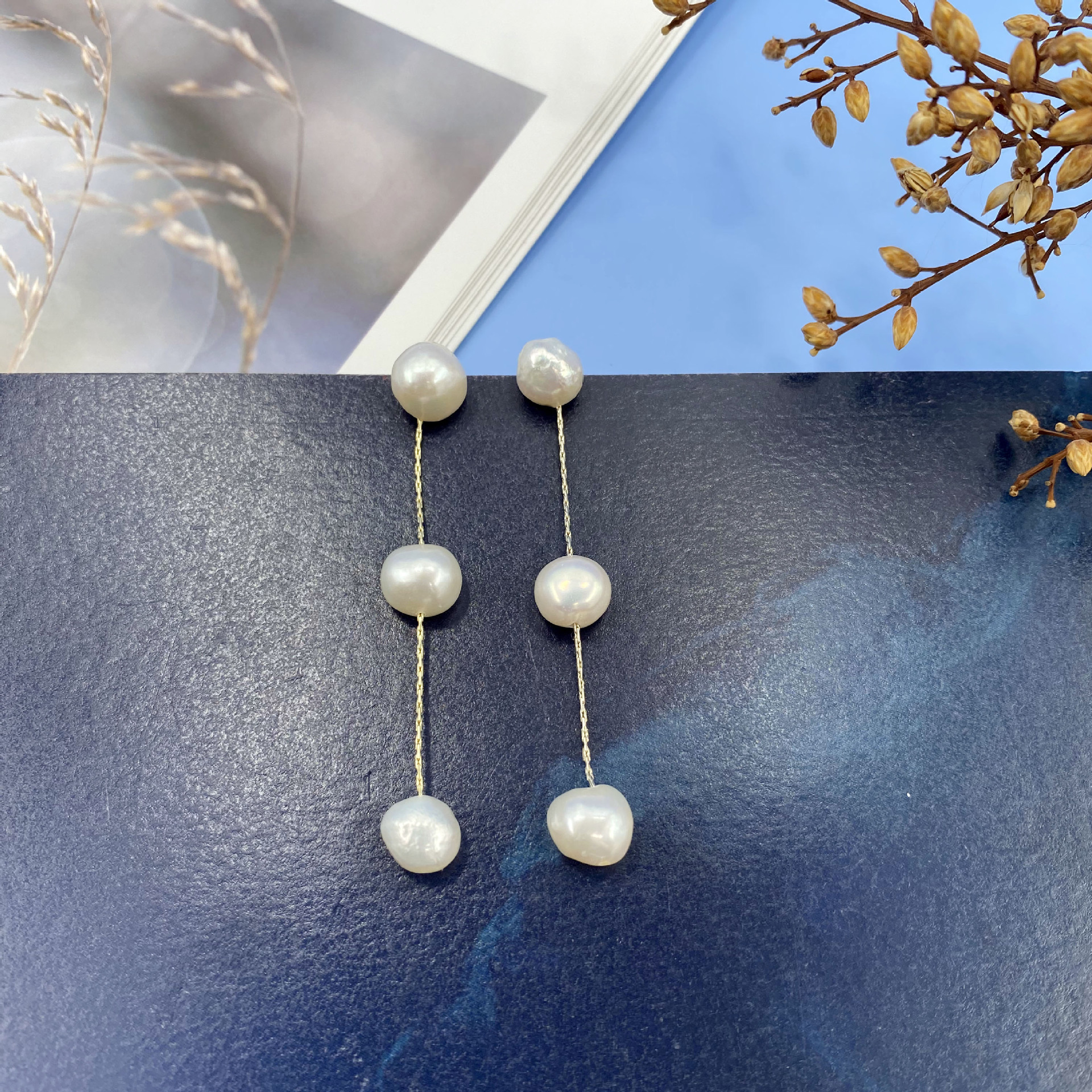 Retro Sterling Silver Needle Natural Fresh Water Pearl Long Earrings Real Gold Electroplating Fresh Water Pearl Tassel Earrings Women