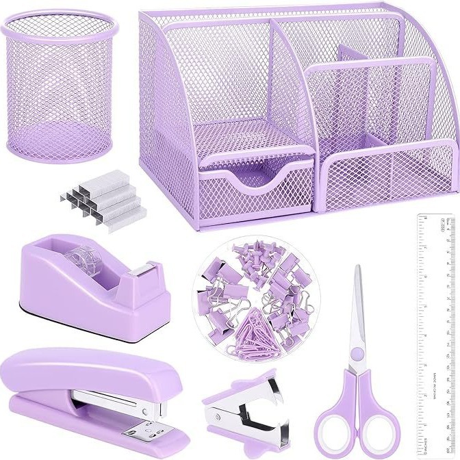 Cross-Border Direct Supply Student Office Purple Set Amazon Stapler Tape Holder Pen Holder Storage Box Stationery Set