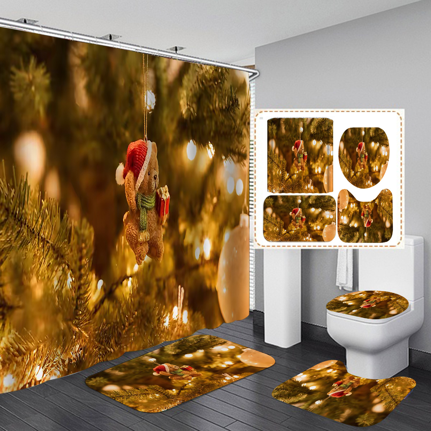 Amazon Direct Sales Christmas Shower Curtain Set Series Waterproof Punch-Free Partition Curtain Hotel Rain Curtain
