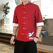 夏季中国风男士撞色扣子复古七分短袖衬衫大码仙鹤刺绣棉麻汉服