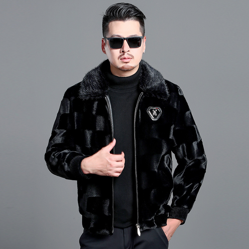 2022冬装男式貂绒皮草大衣中年男士短款翻领海宁皮毛一体外套男