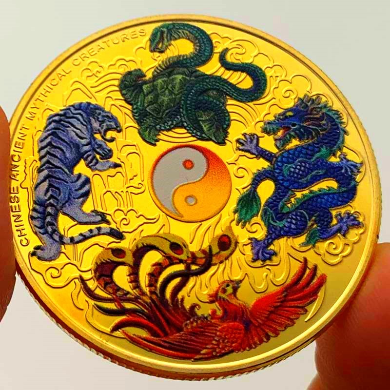 代发 徽章四大神兽青龙白虎朱雀镀银彩绘纪念章 收藏摆件工艺硬币