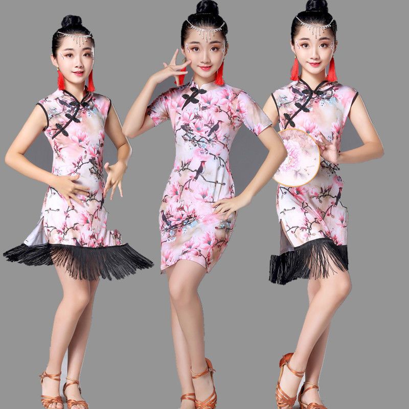 新款少儿古典旗袍拉丁舞蹈服中国舞国风女童碎花比赛表演演出服装
