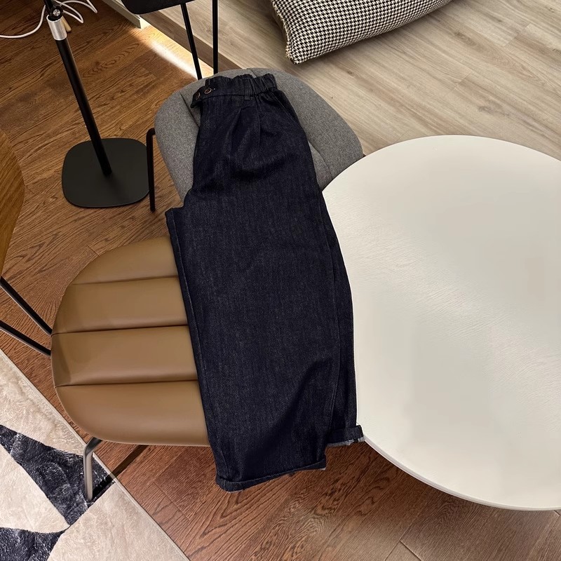 blueeyes/日系复古丹宁深蓝色宽松牛仔裤 松紧腰高腰宽松奶奶裤