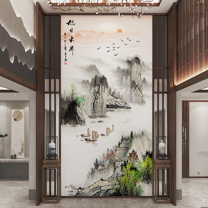 新中式山水画5d大气背景墙壁纸复式古典装饰壁画玄关墙纸过道墙布