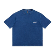 南夏乔装2024夏季新款重磅320克蓝染复古字母印花T恤日系宽松短袖