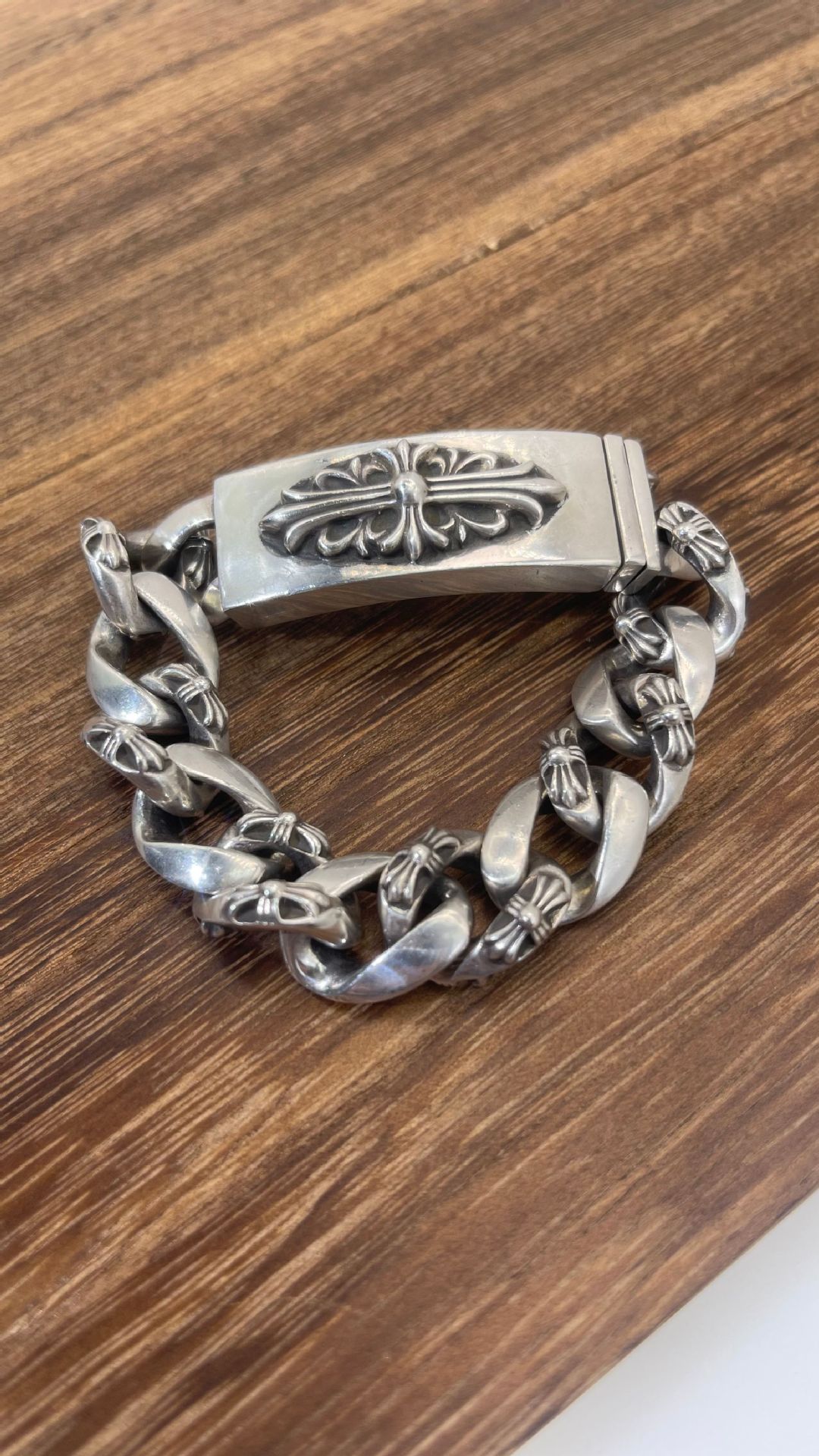 克罗心老哥ch机车欧美经典插片十字架单花手链霸气复古粗款925银