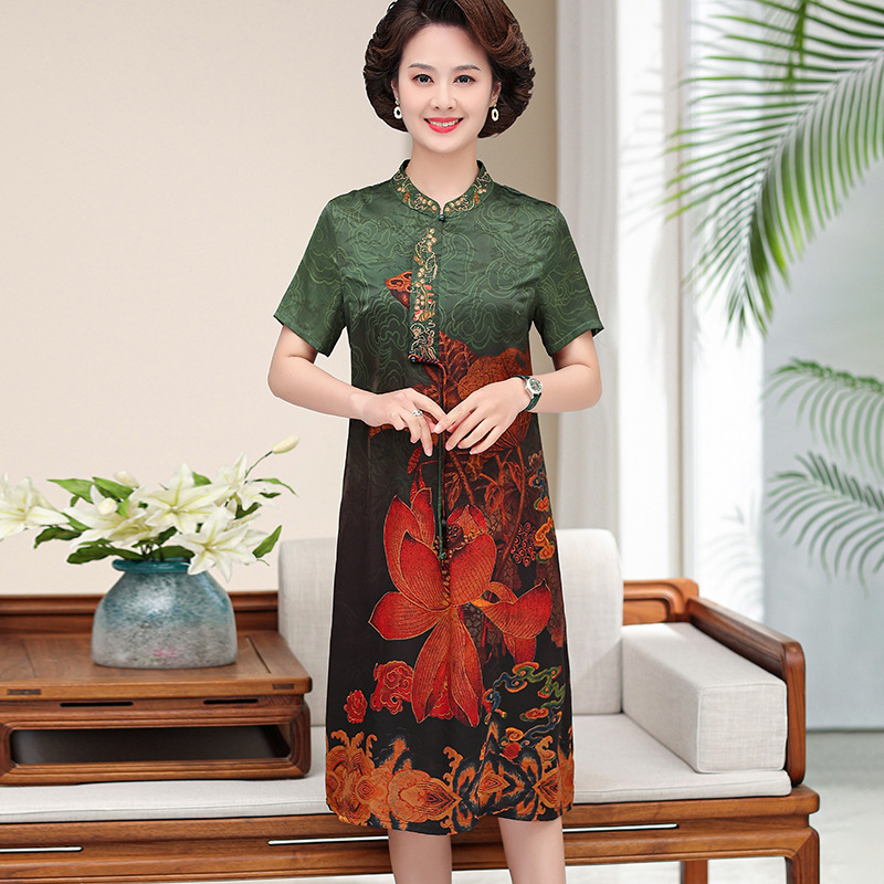 Mother's Summer 2023 New Noble Western Style Brand Artificial Silk Mulberry Silk Middle-Aged and Elderly People's Clothes Counter Dress