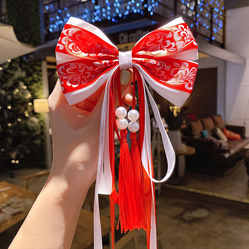 Chinese Style Children's New Year Headdress for Han Chinese Clothing Barrettes Girls Baby Red Antique New Year Hair Accessories Headdress Flower Red Festive