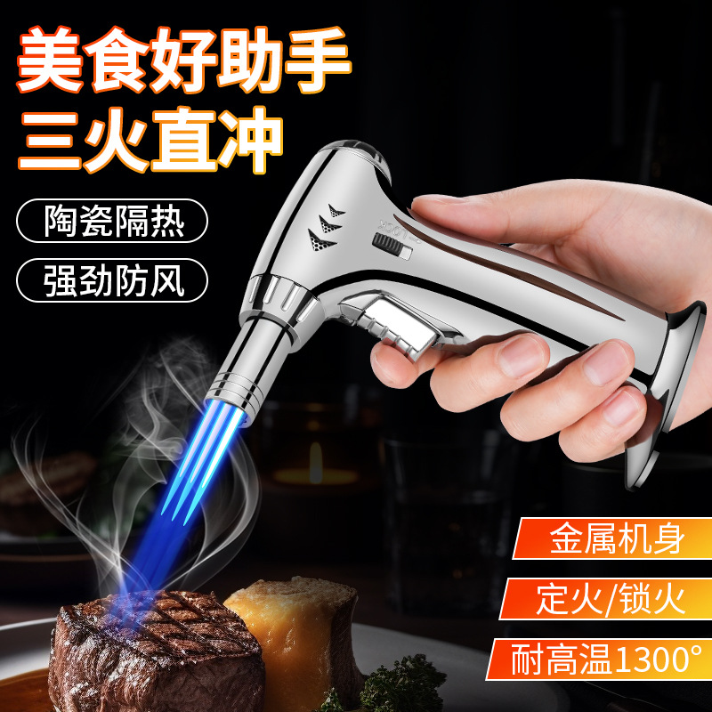 New Direct Punch Three Fire Blue Flame Lighter Spray Gun Windproof Cigar Barbecue Outdoor Kitchen Portable Spray Gun Cross-Border