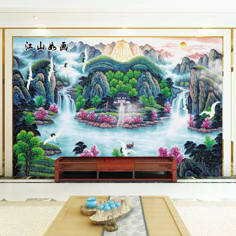 江山如画电视背景墙壁画山水风景影视墙布新中式国画墙纸壁纸