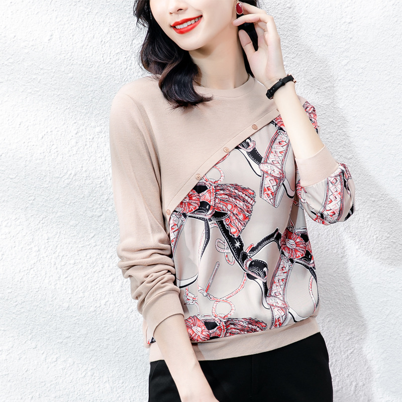 圆领针织衫女长袖2021秋季新款时尚洋气减龄雪纺拼接印花显瘦上衣