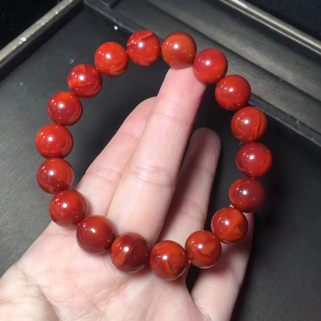 天然川料南红玛瑙手链满肉柿子玫瑰红高货品质南红玛瑙单圈手链链