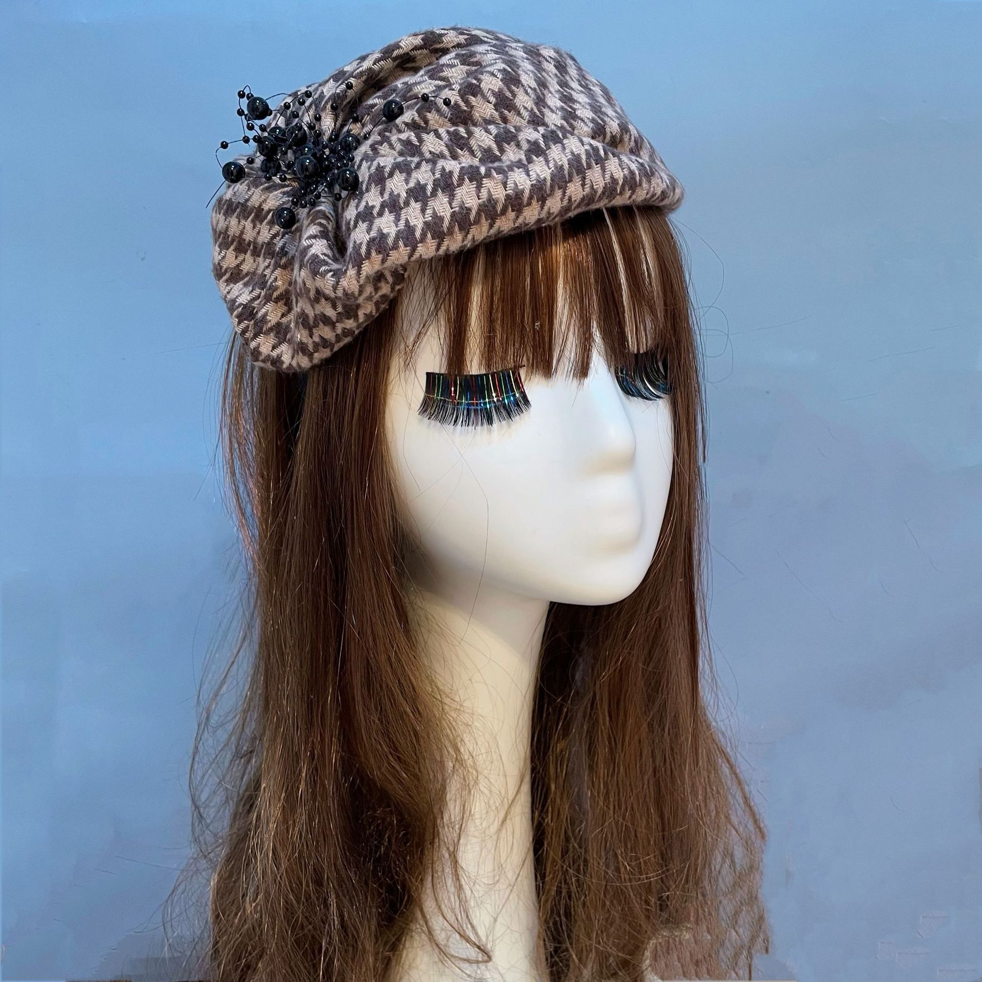 秋冬新款复古毛呢千鸟格子半帽发箍遮白发发卡时尚洋气帽旗袍发饰