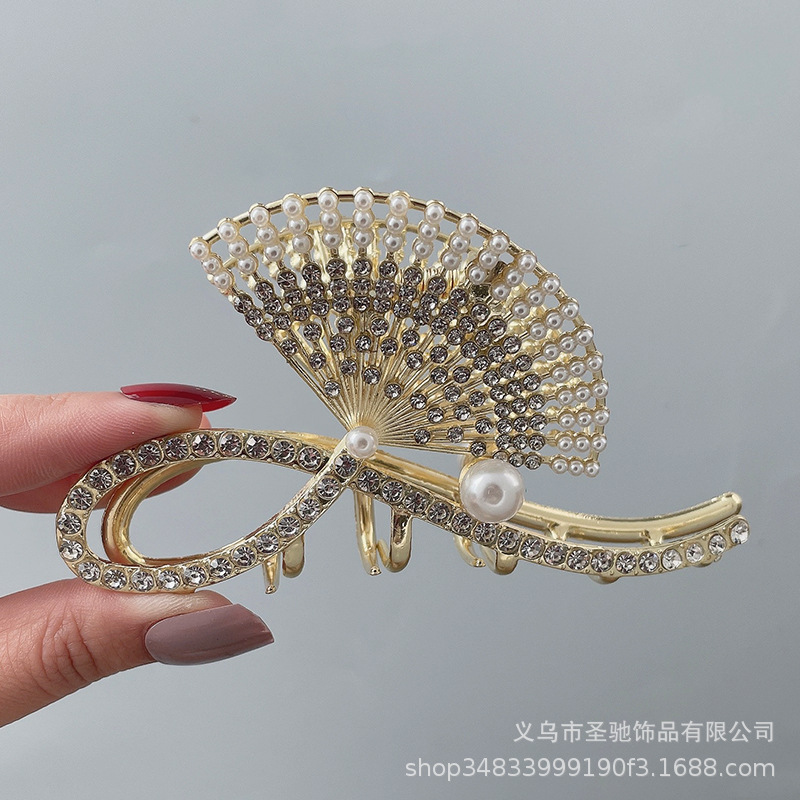 Metal National Fan-Shaped Grip Luxury Pearl Rhinestone Hair Claw Elegant Graceful Back Head Large Hair Clip Shark Clip