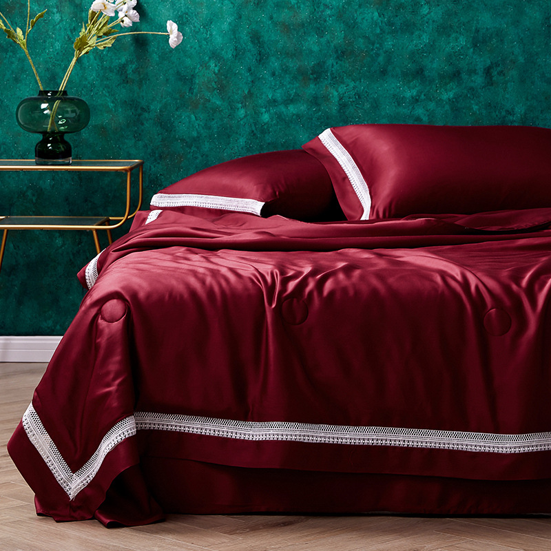 夏季双面天丝夏被四件套结婚红色夏凉被双人冰丝空调被婚庆薄被子