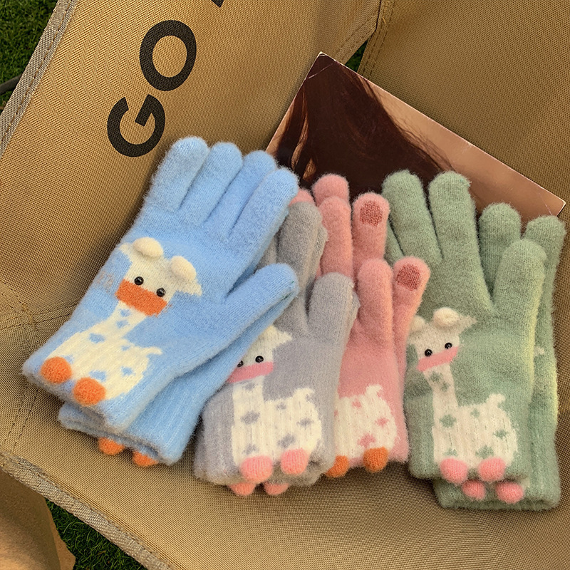 Touch Screen Cartoon Thermal Gloves Female Winter Thickened Cute Couple Student Cold-Proof Knitted Wool Riding Five Fingers