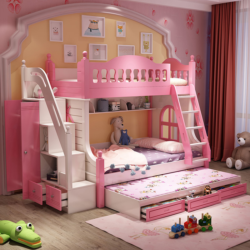 儿童床上下床双层床女孩公主粉色梦幻城堡实木高低床多功能子母床