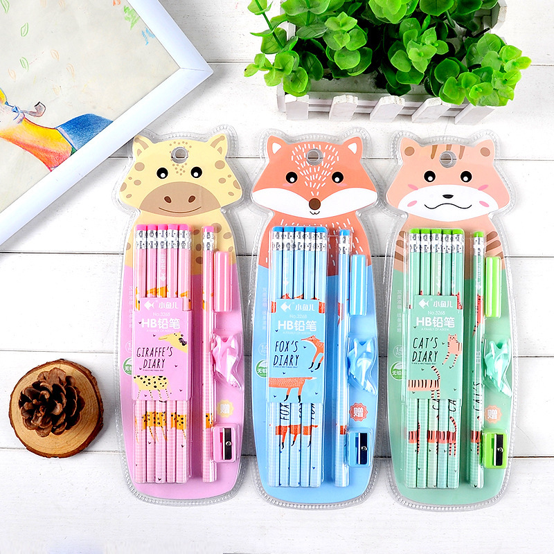 小鱼儿卡通写字笔学生hb圆杆铅笔套装初学者练字笔定制批发