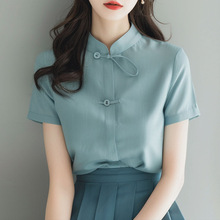 新中式国潮风上衣浅蓝色棉麻衬衫女夏季今年流行漂亮盘扣短袖上衣