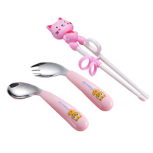 WUQA宝宝学吃饭训练勺子不锈钢儿童餐具弯头勺歪把勺子弯曲叉