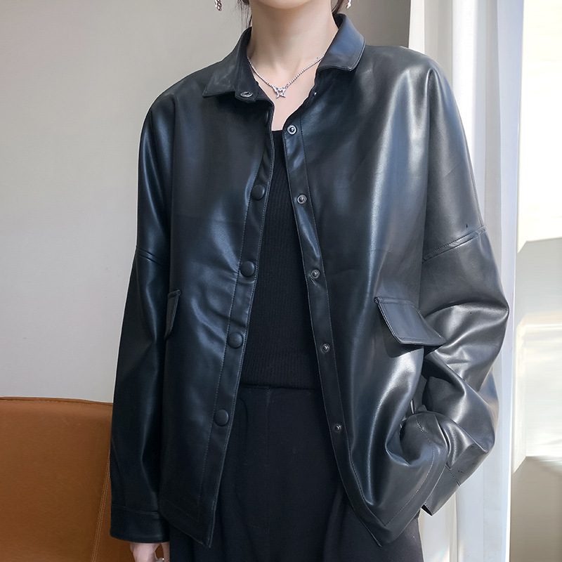 复古小翻领黑色短款皮衣外套女秋季新款设计感宽松pu皮夹克上衣