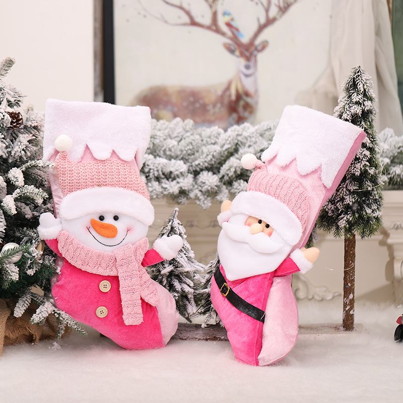 Christmas Decoration Three-Dimensional Old Snowman Doll Raise Your Hand Christmas Stockings White Edge Pink Candy Bag Gift Gift Bag