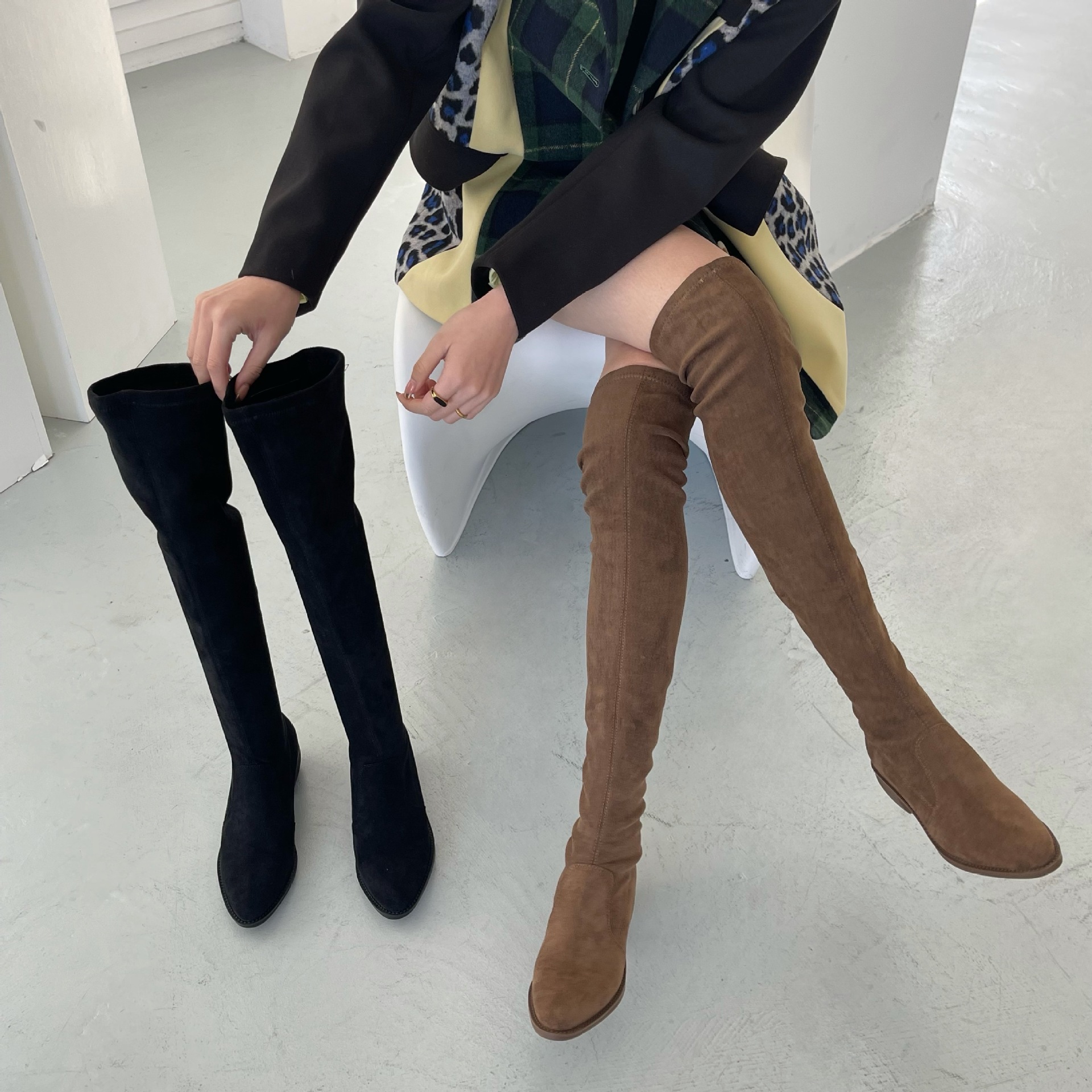 2021过膝女长靴绒面高筒靴弹力显瘦欧美百搭简约骑士靴机车靴女黑