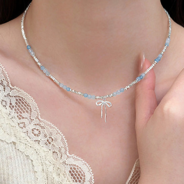 轻奢小众高级感蓝色天然石水晶串珠碎银子蝴蝶结项链吊坠女锁骨链