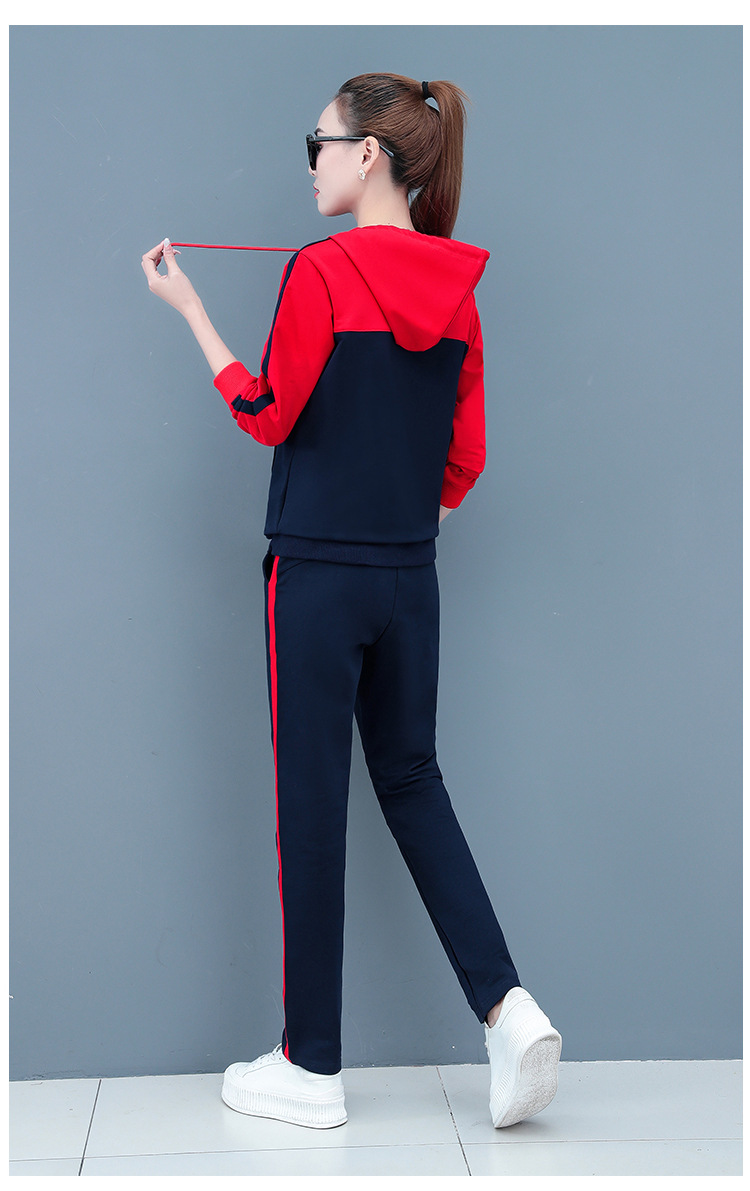 运动套装女装休闲时尚运动服拼色连帽开衫两件套春秋洋气2021新款