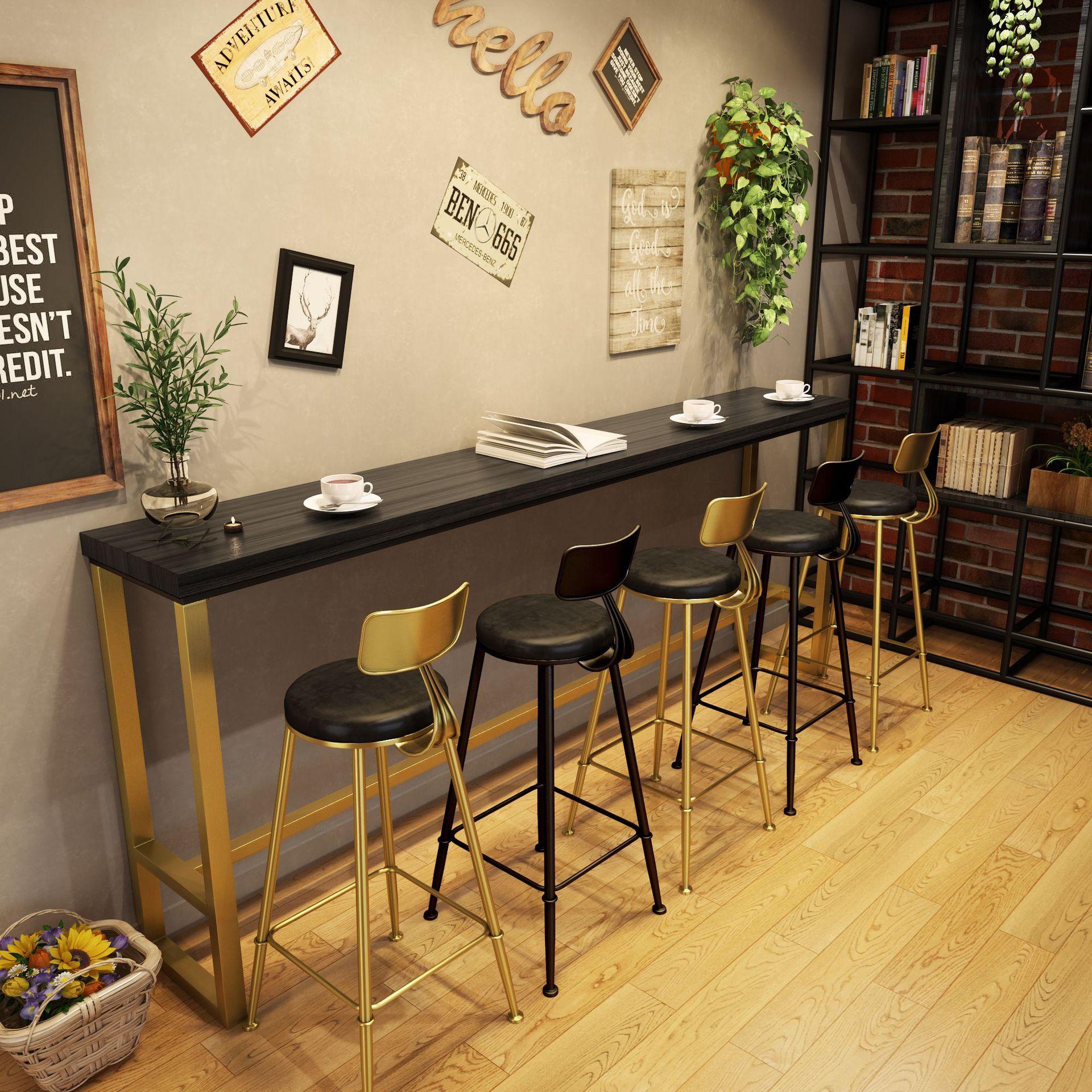 北欧实木靠墙吧台桌家用酒吧台简约长条桌奶茶店高脚桌椅组合