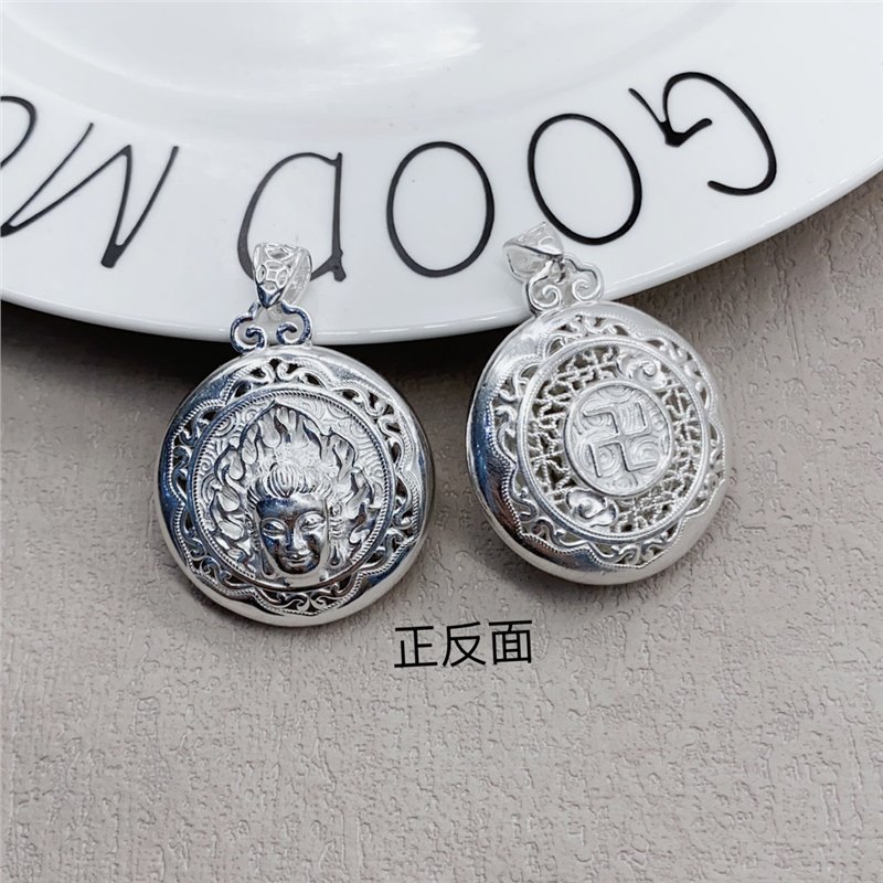 足银990佛头锁镂空吊坠男女款民族风毛衣链挂坠纯银饰品纪念礼物
