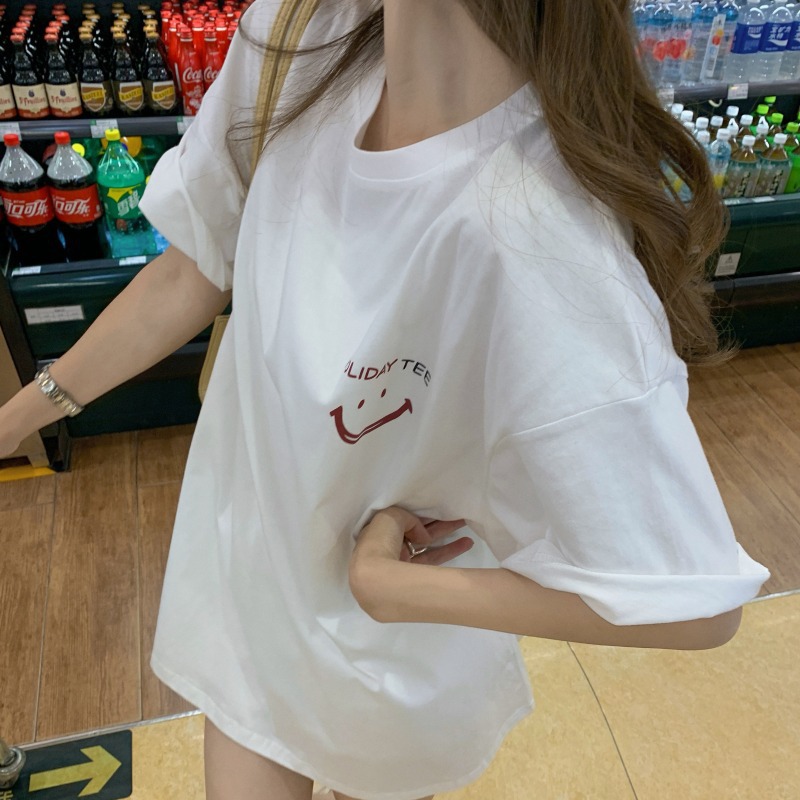 2023 Smiley Face Short Sleeve T-shirt Women's Summer New Design Sense Loose Lower Body Covering Half Sleeve Student Top Foreign Trade