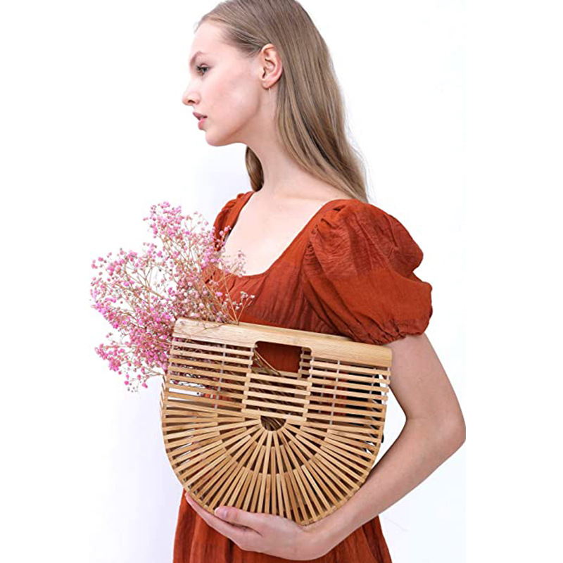 European and American Fashion Bamboo Woven Bag Handmade Semicircle Outdoor Beach Bag Rattan Vacation Straw Bag Women's Handbag