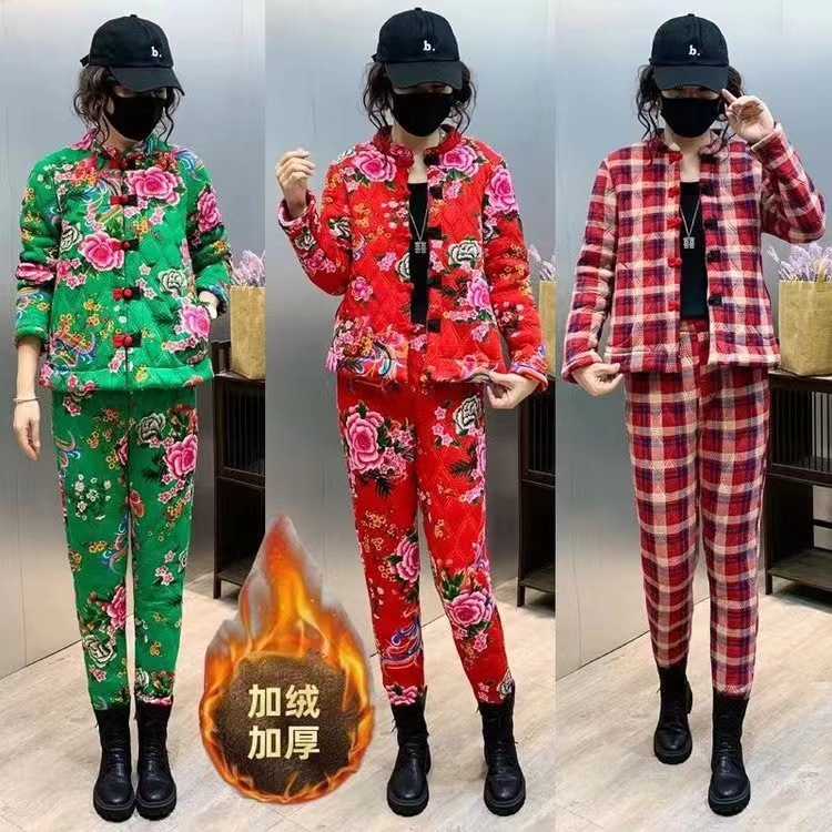 东北大花袄女冬季加绒加厚民族风碎花棉服棉裤套装洋派唐装花棉袄