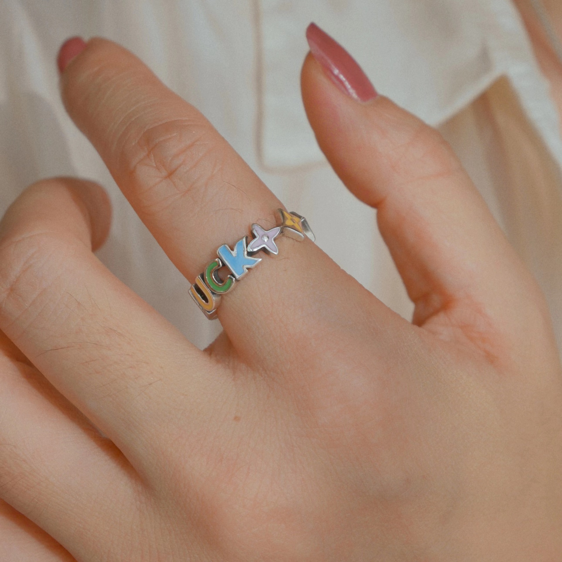 镀925纯银彩色滴釉老骨花开口四叶草戒指女幸运字母指环小众设计