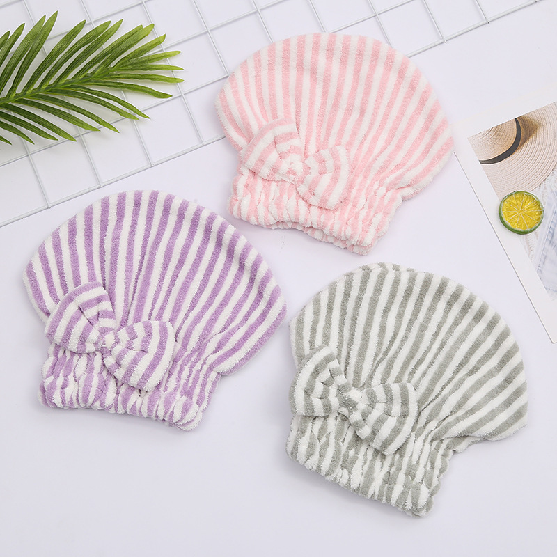 Microfiber Stripe Hair-Drying Cap Absorbent Dry-Free Shower Cap after Shampoo Thickening and Quick-Drying Towel Hair-Drying Cap